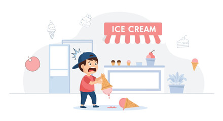 Fototapeta premium Illustration of a distraught boy dropping his ice cream cone at the ice cream shop happy childhood moments and summertime treats