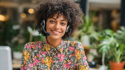Smiling woman with curly hair wearing a headset in a bright, green office environment.