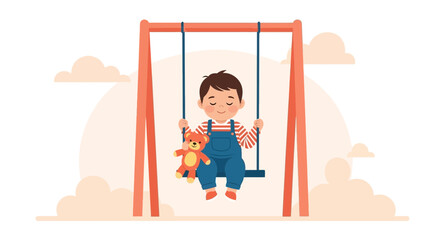 Illustration of a happy child swinging with his teddy bear in a serene environment