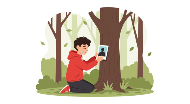 Illustration of a grieving young man mourning at a memorial tree in a forest dedicated to a lost loved one