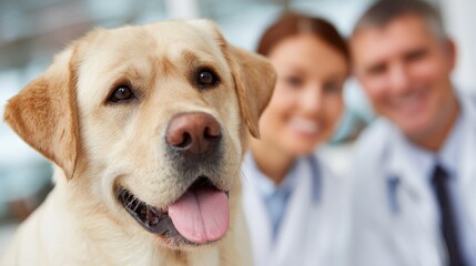 Friendly dog with veterinarians in the background, showcasing care and companionship in a clinical setting.