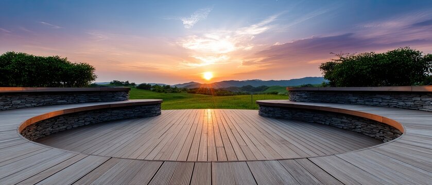 Circular wooden deck with stone benches overlooks a grassy field and hills at sunset beneath a colorful sky.