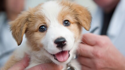 Adorable puppy with bright eyes and playful expression, being held by a person.