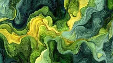 Abstract swirling patterns in green and yellow resembling a flowing landscape.