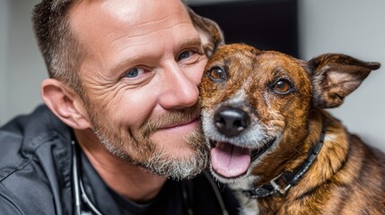 A joyful man shares a close moment with his happy dog, showcasing their bond.