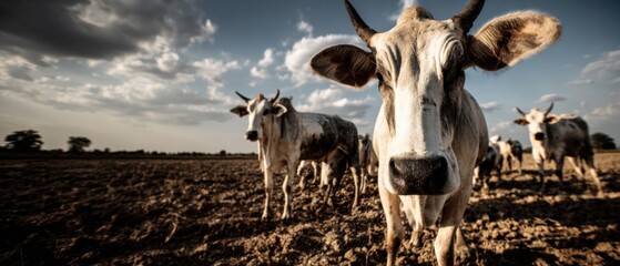 A close-up of a cow in a field, surrounded by other cows under a dramatic sky.