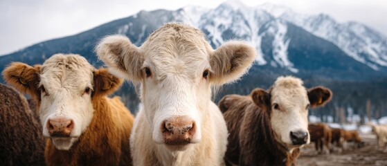 Three cows in a snowy landscape with mountains in the background.
