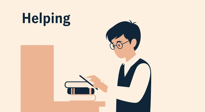 Illustration of a student learning or studying with books and a tablet device showing helping concept and assistance in study room