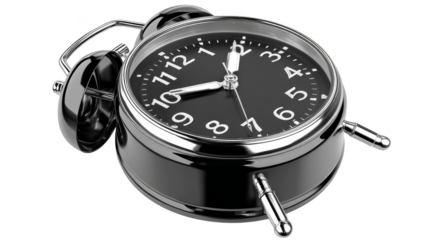 Classic black alarm clock with white face, a timeless timekeeping device for home and office.