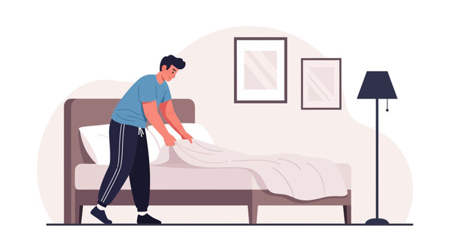 Man making bed in bedroom, showcasing morning routine and home lifestyle scene