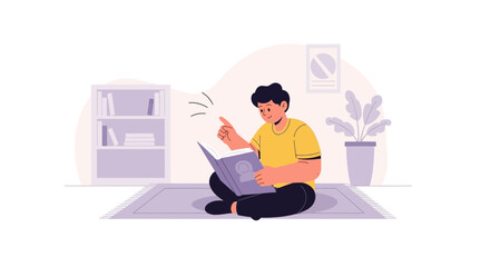 Illustration of a young man reading a book at home, having an idea, sitting on a rug