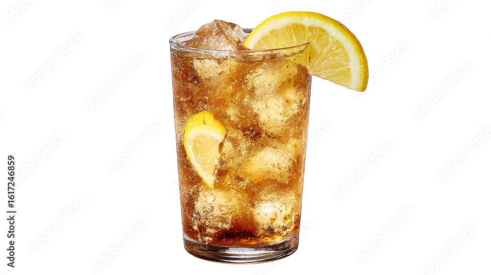 Poster closeup of a refreshing iced drink with zesty lemon slice, summer delight refreshing.