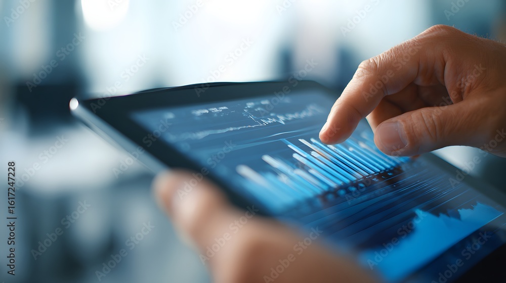 Poster close-up view of a hand interacting with a tablet displaying financial data.