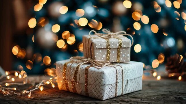 Stacked christmas presents with gold ribbon and string on a wooden surface with bokeh lights behind