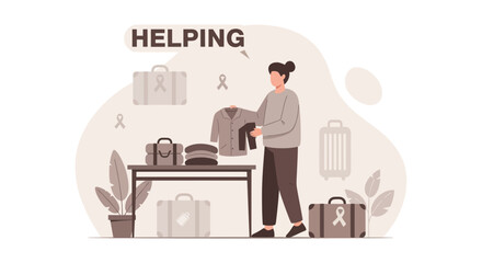Illustration showcasing a woman organizing clothes for donation and helping others