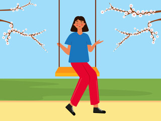 Young girl sitting on a swing in the park. Spring illustration. Flat vector illustration design.