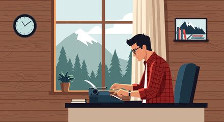 Man Typing on a Typewriter With Mountain View in a Wooden Cabin