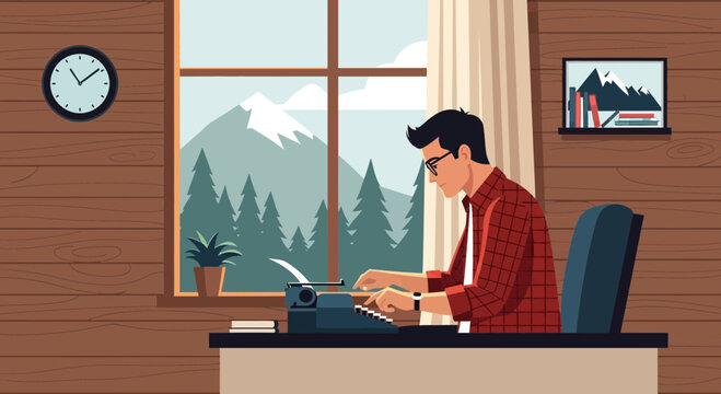 Man Typing on a Typewriter With Mountain View in a Wooden Cabin