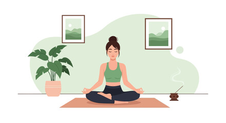 Meditating Woman Practicing Yoga With Incense And Houseplant In Home Interior