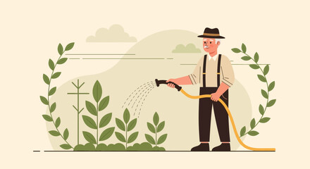 Mature Gardener Nurturing Plants with a Hose on a Sunny Day Illustration