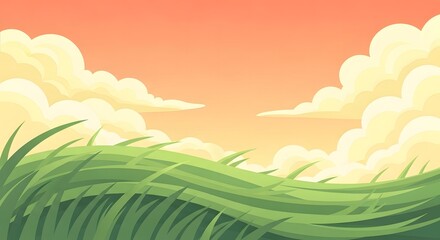Obraz premium Peaceful summer meadow illustration with rolling hills and fluffy clouds at dusk