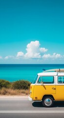 Vintage yellow camper van on a coastal road, sunny day, turquoise sea.