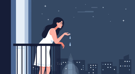 Melancholy Scene Woman Contemplating Sadness At Night On A Balcony View