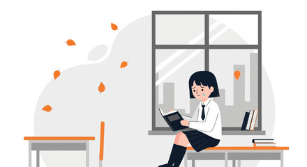 Melancholy Schoolgirl Reading by the Window on a Rainy Autumn Day