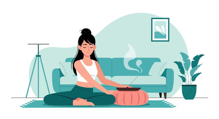 Mindful Woman Practices Meditation With Incense Sticks In Relaxing Home Environment