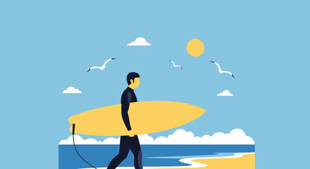 Minimalist Surfer Illustration At The Beach On Sunny Day With Clear Blue Sky