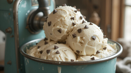 Homemade Ice Cream Making: Vintage Hand-Crank Machine Churning Creamy Dessert with Chocolate Chips. Nostalgic Kitchen Scene