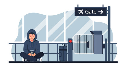 Missed Flight Anxious Passenger Sits At Airport Gate With Passport Worried