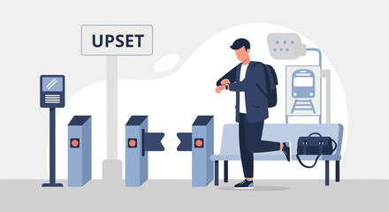 Missed Train Feeling Upset Late Arrival at Public Transport Platform Illustration