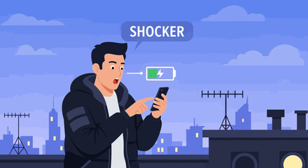 Mobile Battery Crisis Man In Panic Watching Phone Energy Draining Fast