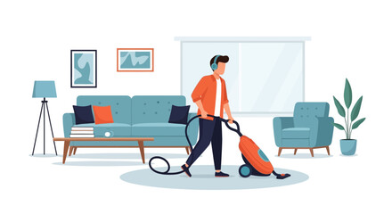 Modern Home Lifestyle Man Wearing Headphones Vacuuming Carpet In Living Room