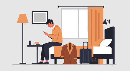Modern Hotel Stay Man Uses Smartphone While Relaxing Business Trip