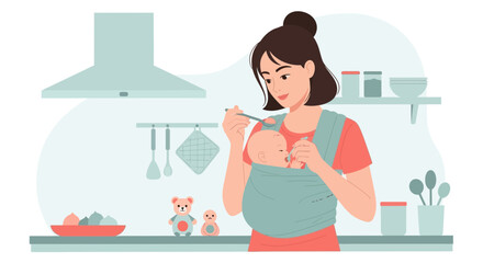 Modern Mother Feeding Baby In Carrier In The Kitchen With Minimalist Design