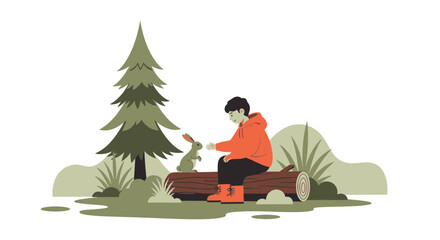 Moment Of Connection Boy And Rabbit In Woodland Scene On Log Illustration