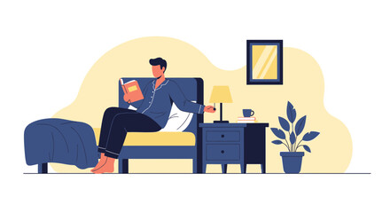 Morning Calm Man Reading Book in Bed Interior Flat Vector Illustration