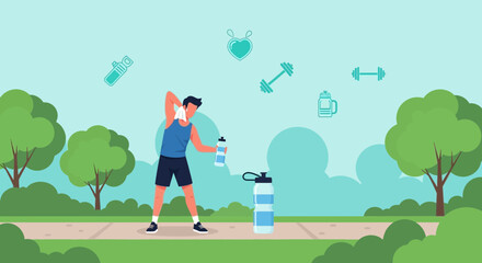 Morning Fitness In Park Refreshment After Exercising For Healthy Lifestyle