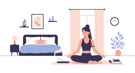 Morning Meditation In A Peaceful Bedroom For Healthy Lifestyle And Wellness