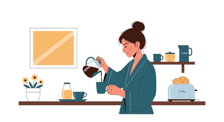 Morning ritual illustration: woman pouring coffee in a cozy kitchen setting full of warmth