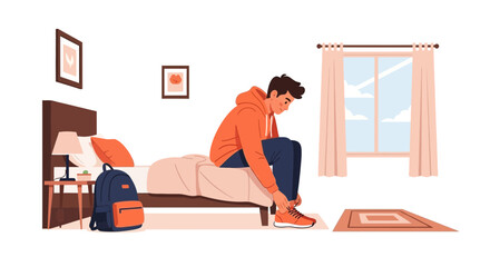 Morning Routine: Young Man Preparing For School Or Work In His Bedroom