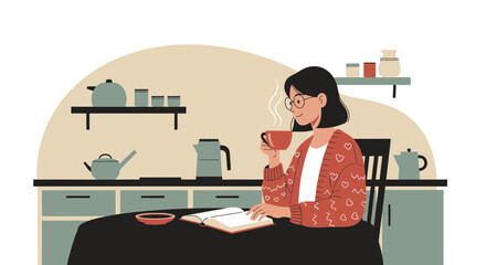 Morning Serenity: Woman Enjoying Tea and Book in Cozy Kitchen Setting