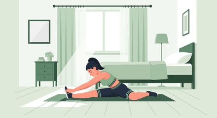 Morning Stretching Routine Practicing by Young Woman at Home for Healthy Lifestyle