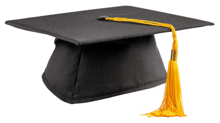 Black graduation cap with yellow tassel, a symbol of academic achievement and success.