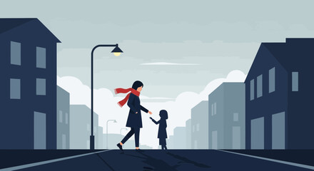 Mother And Child Walking Together In The City During An Autumn Day