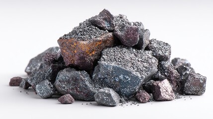  Raw nickel ore in a rough pile, unprocessed, isolated on a clean white background, showcasing the natural texture and metallic luster of the mineral
