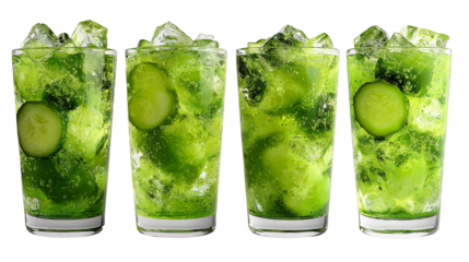 Four Refreshing Green Smoothies or Cocktails with Cucumber Slices and Ice, Isolated on a White Background.