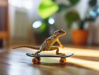 A Tiny Lizard Riding a Toy Skateboard 장난감 스케이트보드를 타는 작은 도마뱀